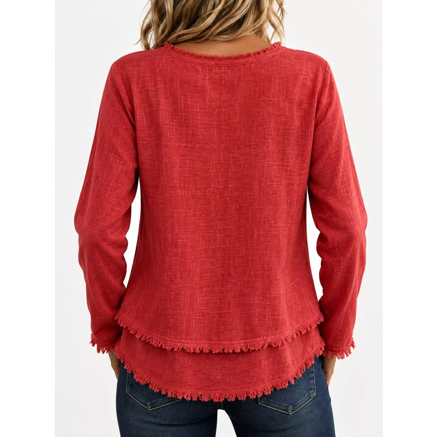 Full Size Frayed Hem V-Neck Blouse Plus Apparel and Accessories