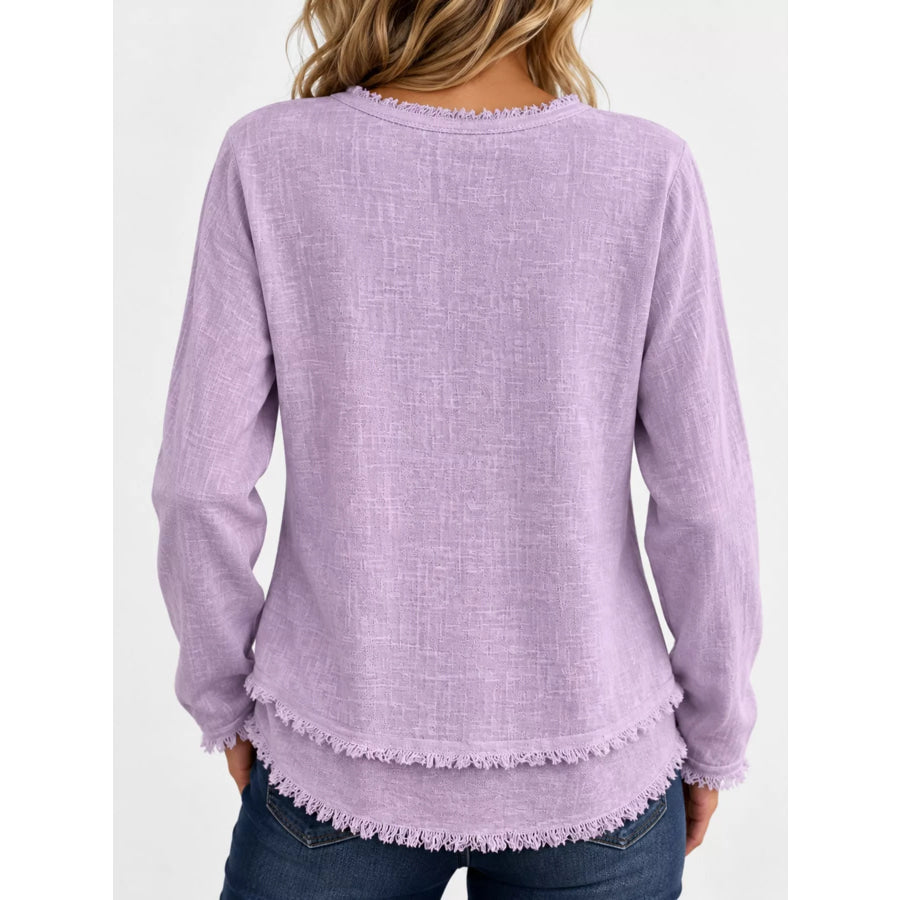 Full Size Frayed Hem V-Neck Blouse Plus Apparel and Accessories