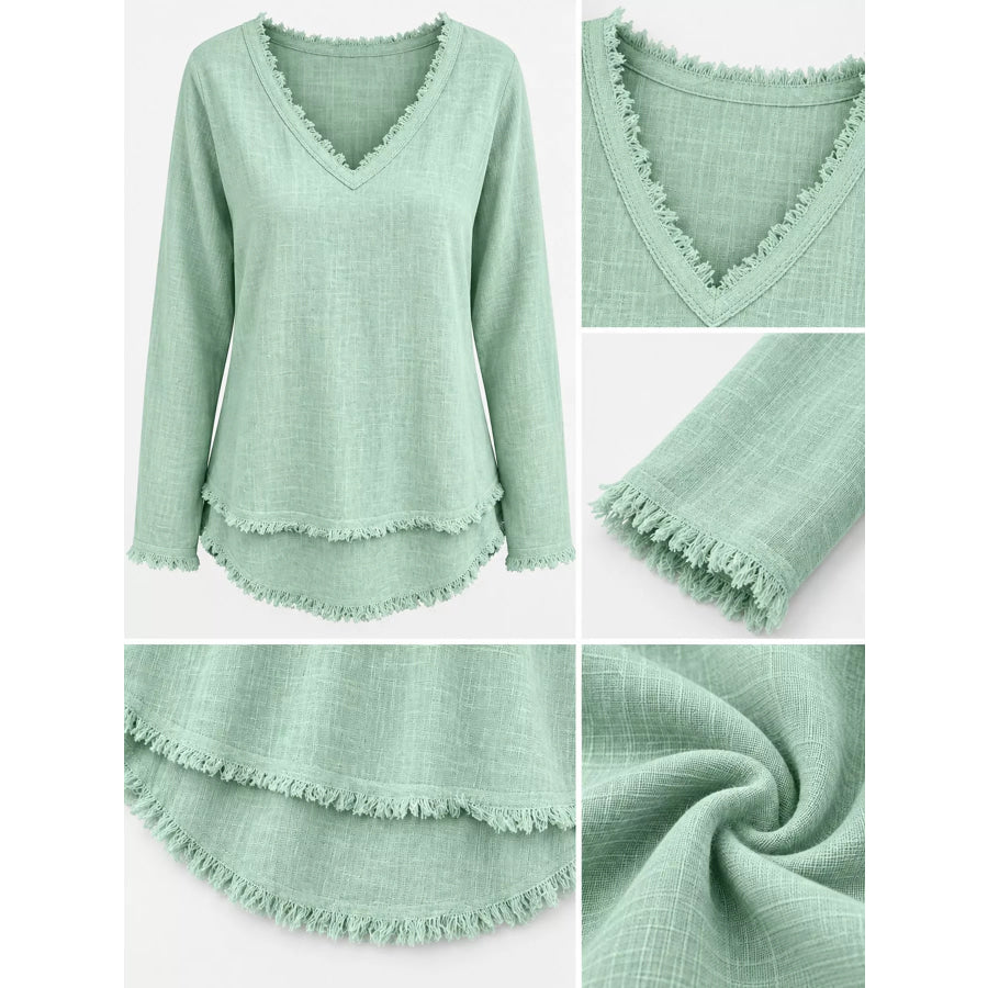 Full Size Frayed Hem V-Neck Blouse Plus Apparel and Accessories