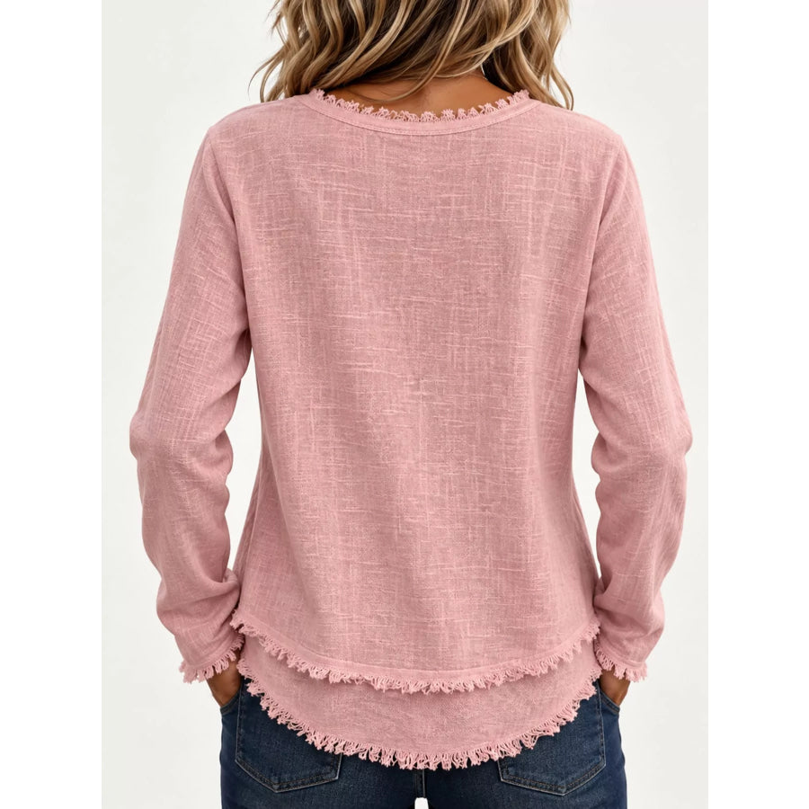 Full Size Frayed Hem V-Neck Blouse Plus Apparel and Accessories