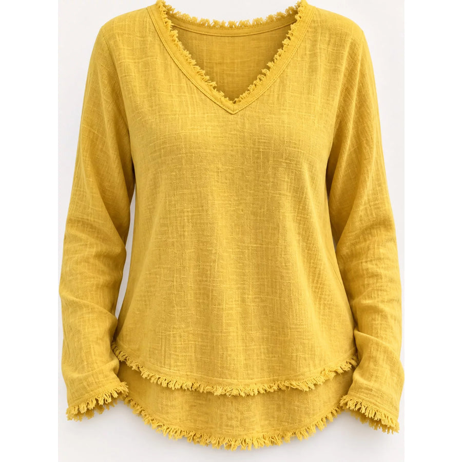 Full Size Frayed Hem V-Neck Blouse Plus Apparel and Accessories