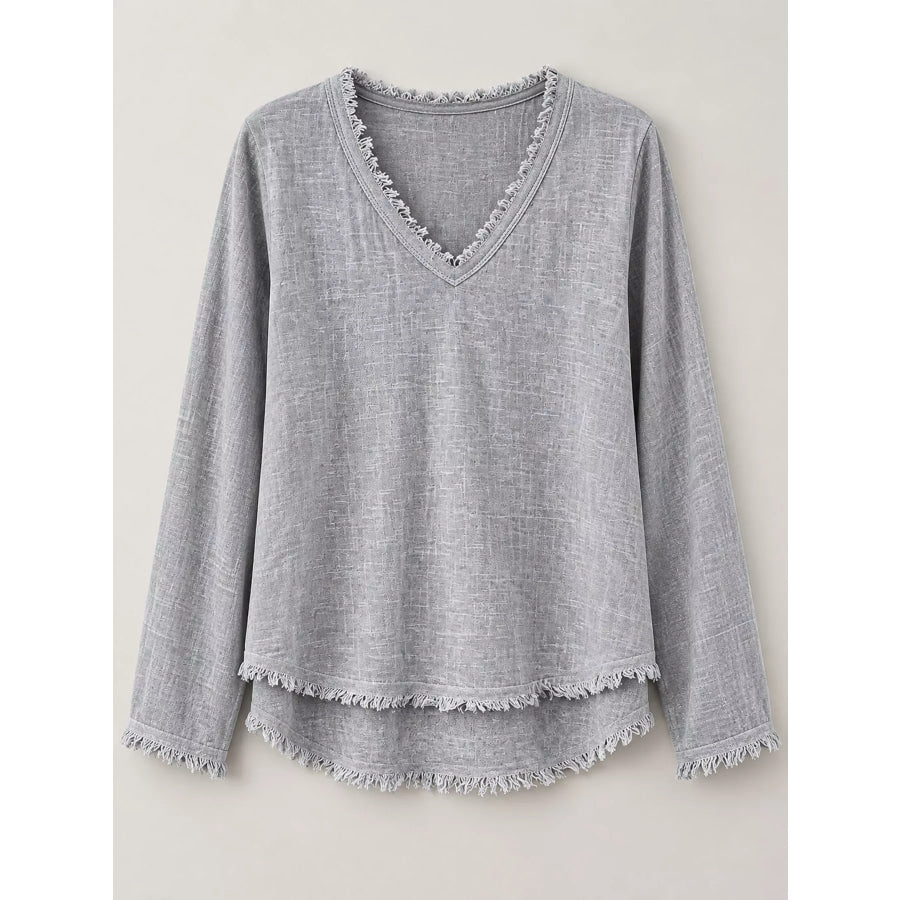 Full Size Frayed Hem V-Neck Blouse Plus Apparel and Accessories