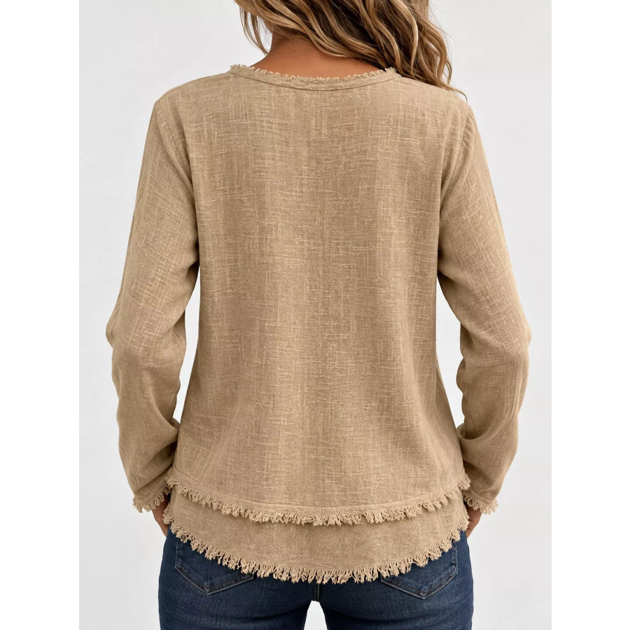 Full Size Frayed Hem V-Neck Blouse Plus Apparel and Accessories