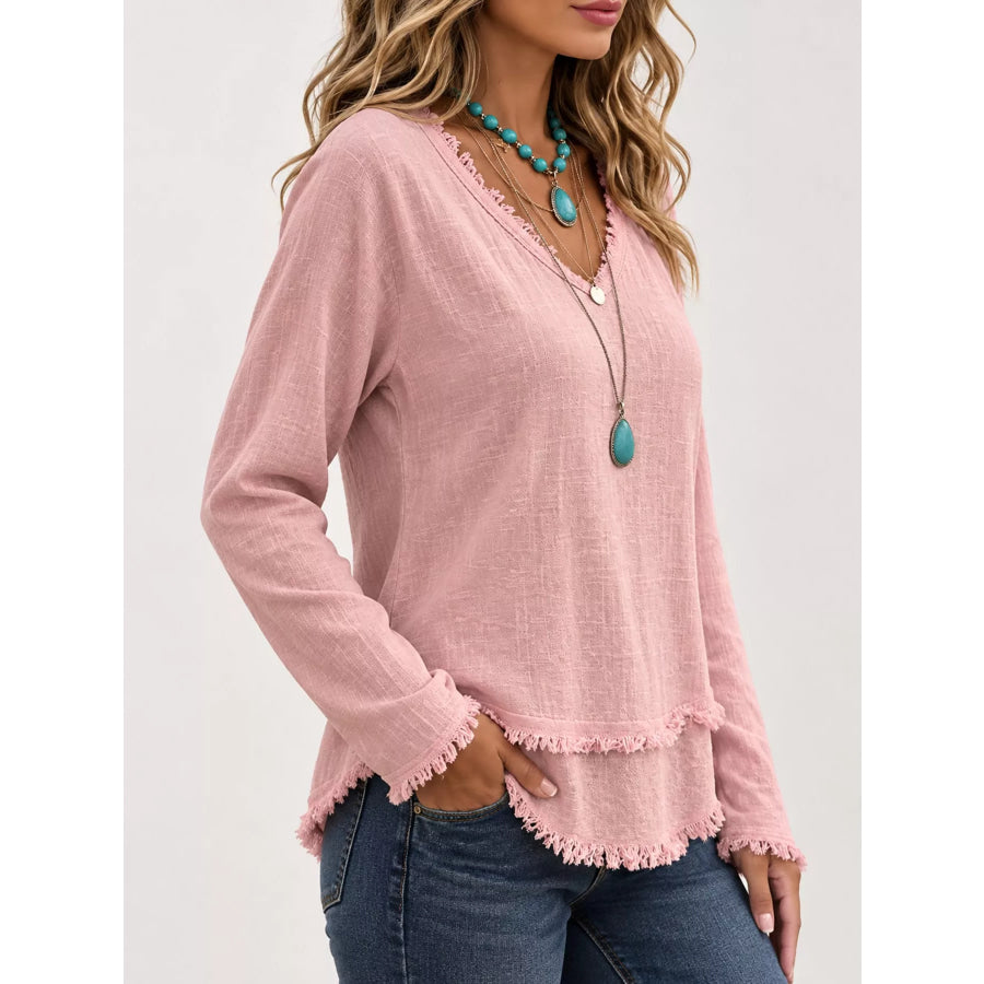 Full Size Frayed Hem V-Neck Blouse Plus Apparel and Accessories