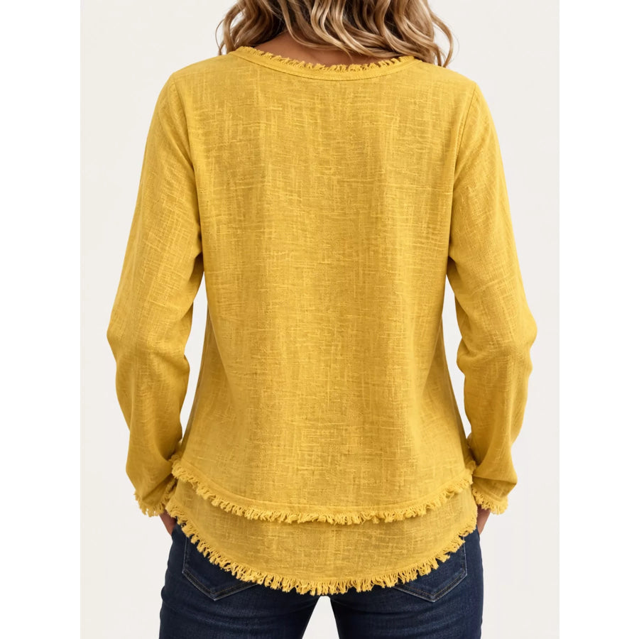 Full Size Frayed Hem V-Neck Blouse Plus Apparel and Accessories