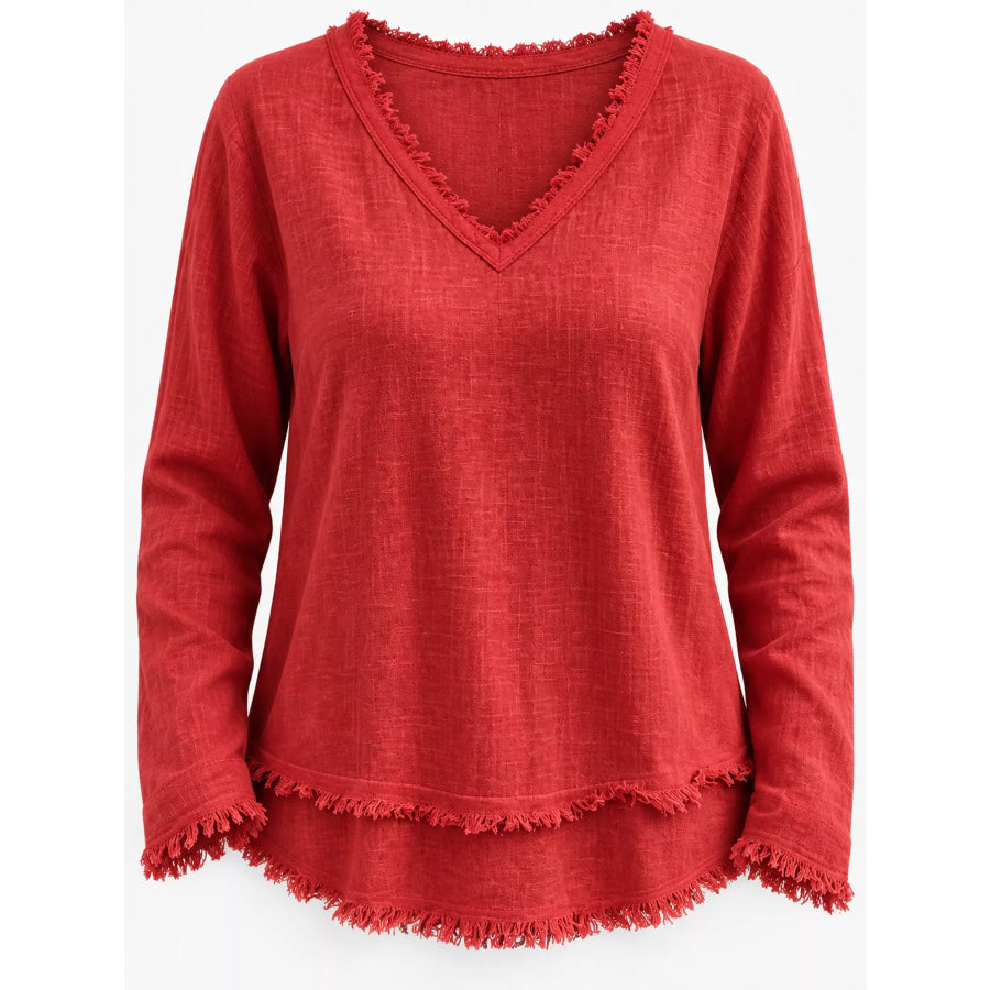 Full Size Frayed Hem V-Neck Blouse Plus Apparel and Accessories