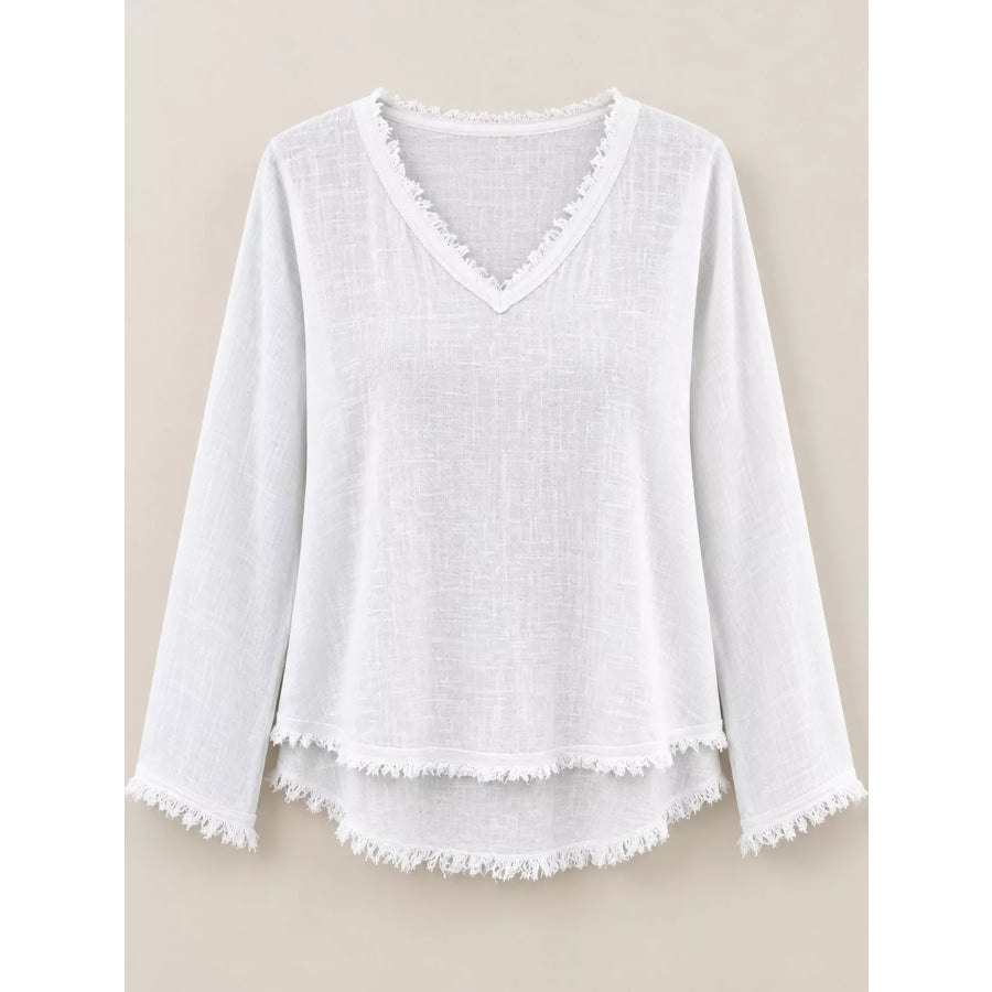 Full Size Frayed Hem V-Neck Blouse Plus Apparel and Accessories