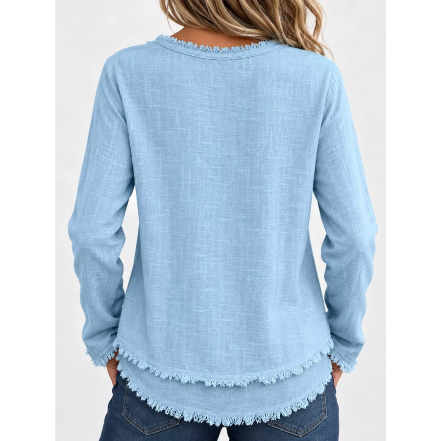 Full Size Frayed Hem V-Neck Blouse Plus Apparel and Accessories