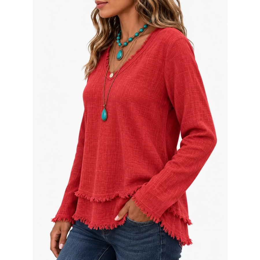 Full Size Frayed Hem V-Neck Blouse Plus Apparel and Accessories