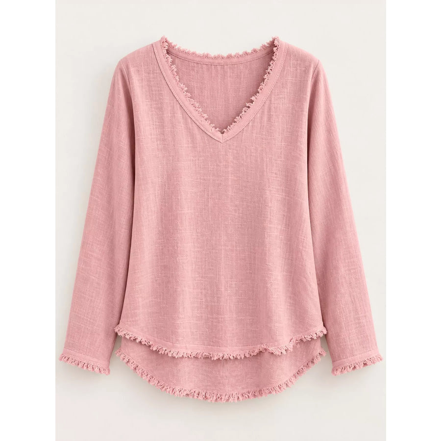 Full Size Frayed Hem V-Neck Blouse Plus Apparel and Accessories