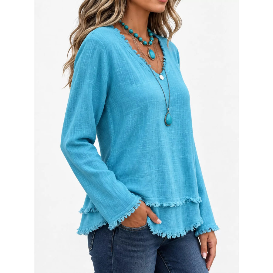 Full Size Frayed Hem V-Neck Blouse Plus Apparel and Accessories