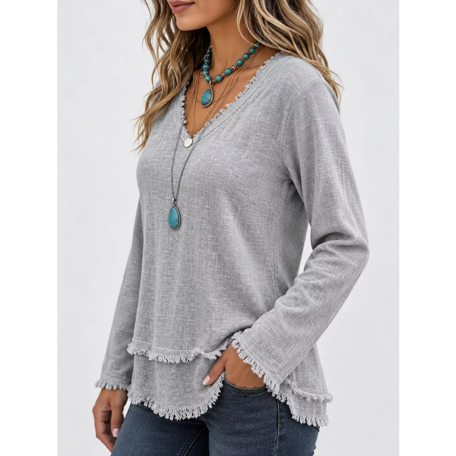 Full Size Frayed Hem V-Neck Blouse Plus Apparel and Accessories