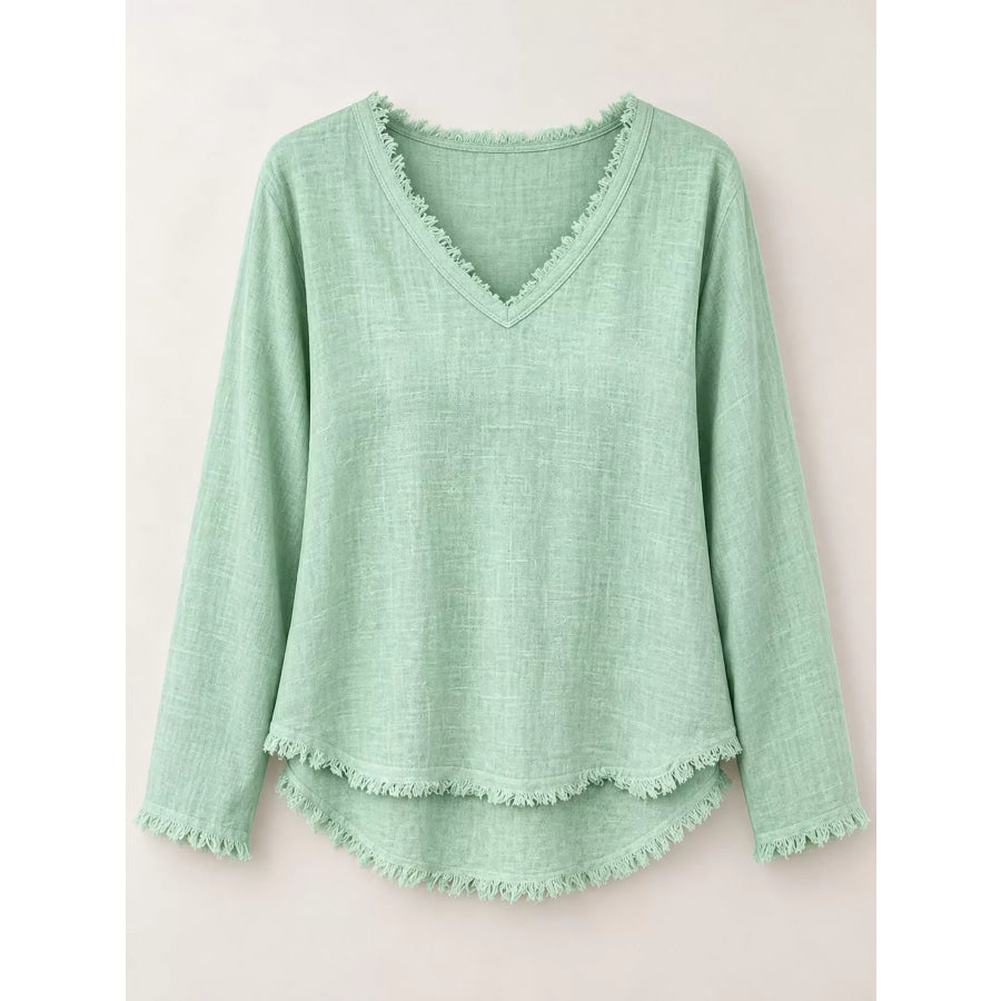 Full Size Frayed Hem V-Neck Blouse Plus Apparel and Accessories