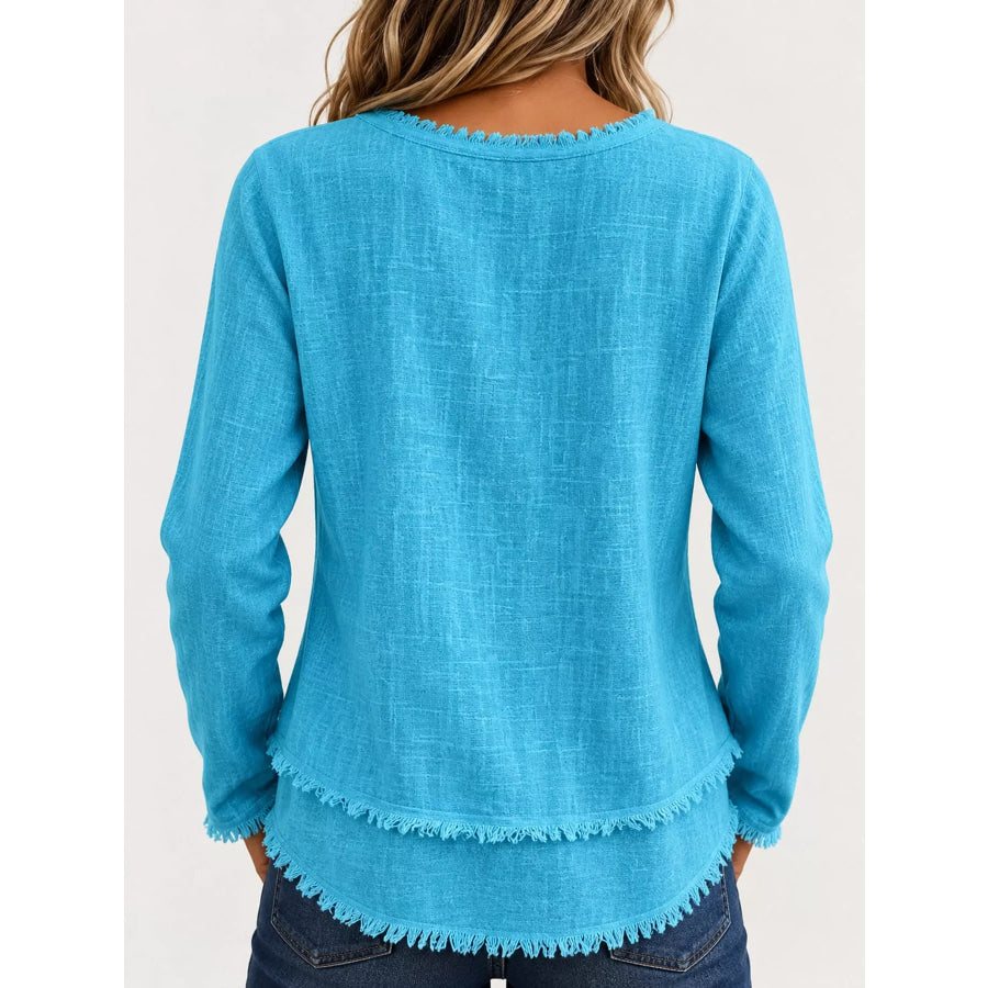 Full Size Frayed Hem V-Neck Blouse Plus Apparel and Accessories
