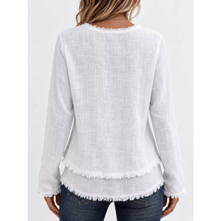 Full Size Frayed Hem V-Neck Blouse Plus Apparel and Accessories