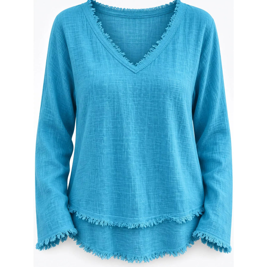 Full Size Frayed Hem V-Neck Blouse Plus Apparel and Accessories