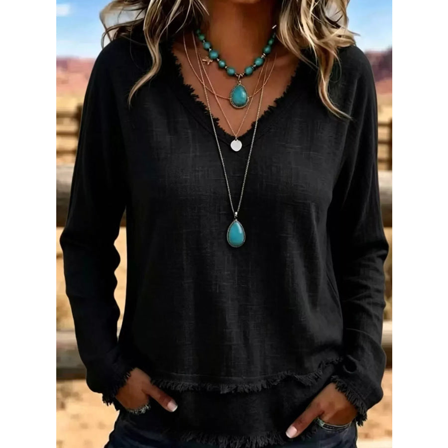 Full Size Frayed Hem V-Neck Blouse Plus Black / S Apparel and Accessories