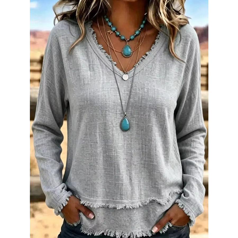 Full Size Frayed Hem V-Neck Blouse Plus Gray / S Apparel and Accessories