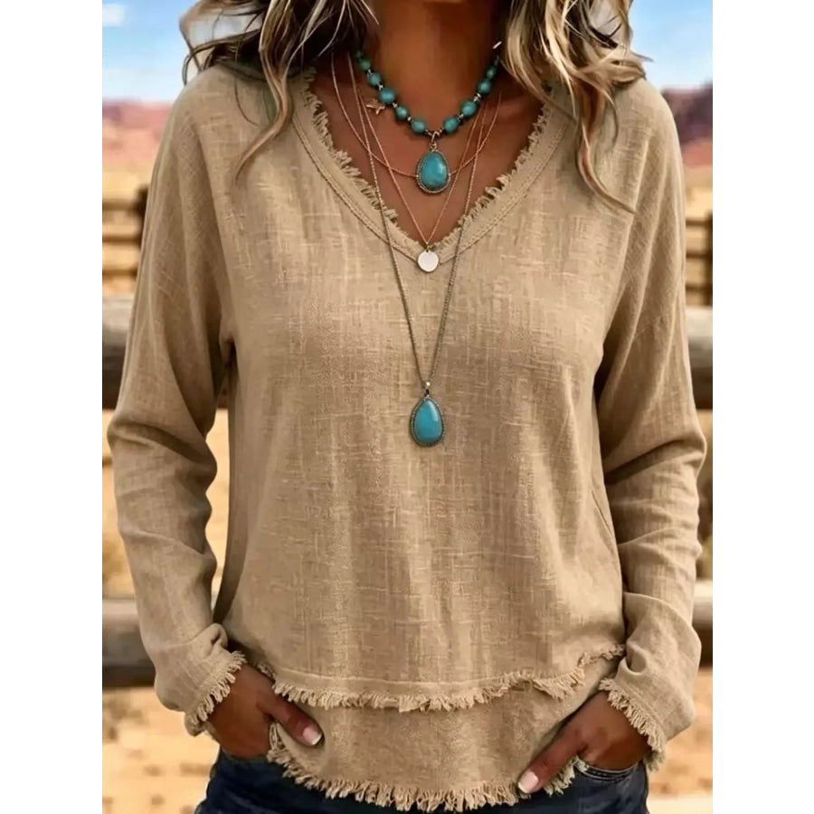 Full Size Frayed Hem V-Neck Blouse Plus Khaki / S Apparel and Accessories