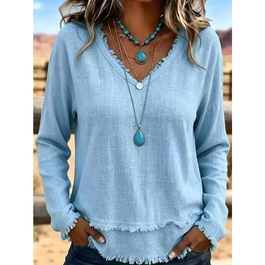 Full Size Frayed Hem V-Neck Blouse Plus Light Blue / S Apparel and Accessories