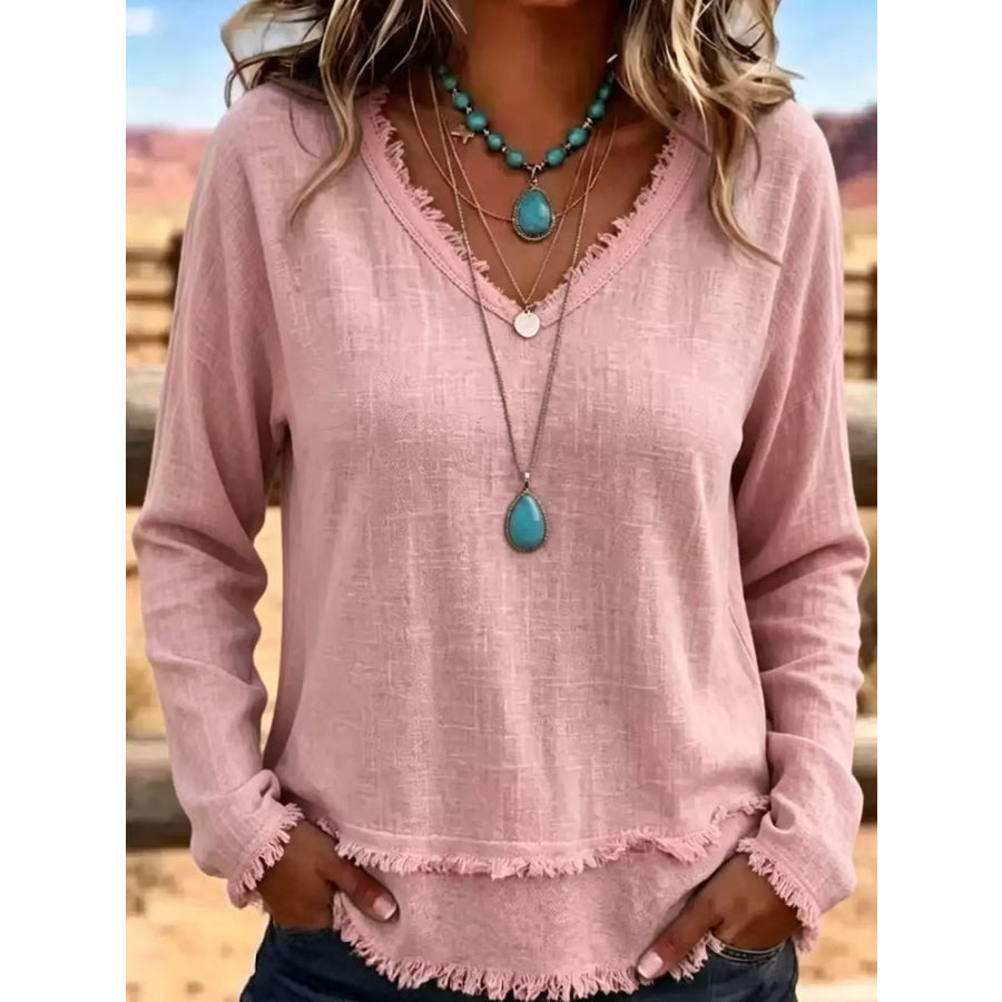 Full Size Frayed Hem V-Neck Blouse Plus Pink / S Apparel and Accessories