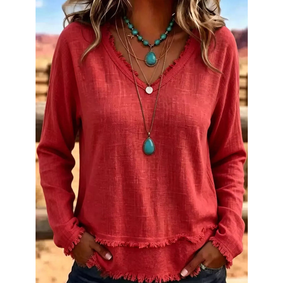 Full Size Frayed Hem V-Neck Blouse Plus Red / S Apparel and Accessories