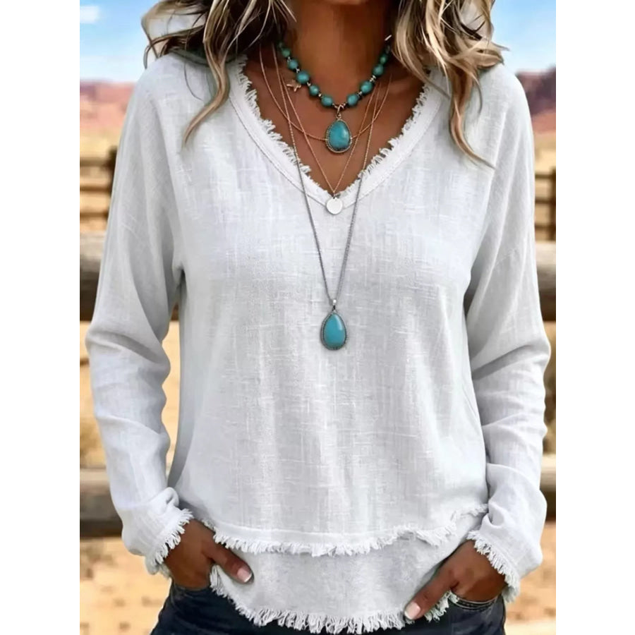 Full Size Frayed Hem V-Neck Blouse Plus White / S Apparel and Accessories