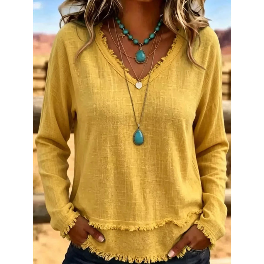 Full Size Frayed Hem V-Neck Blouse Plus Yellow / S Apparel and Accessories