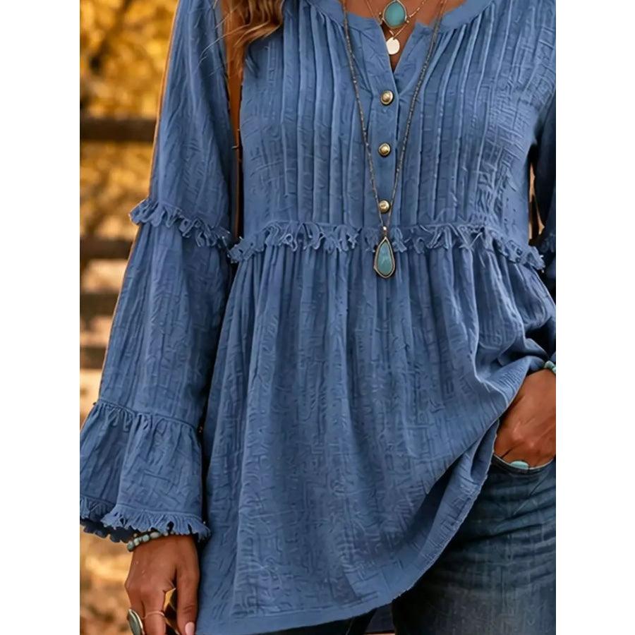 Full Size Frill Notched Long Sleeve Blouse Plus Size Apparel and Accessories