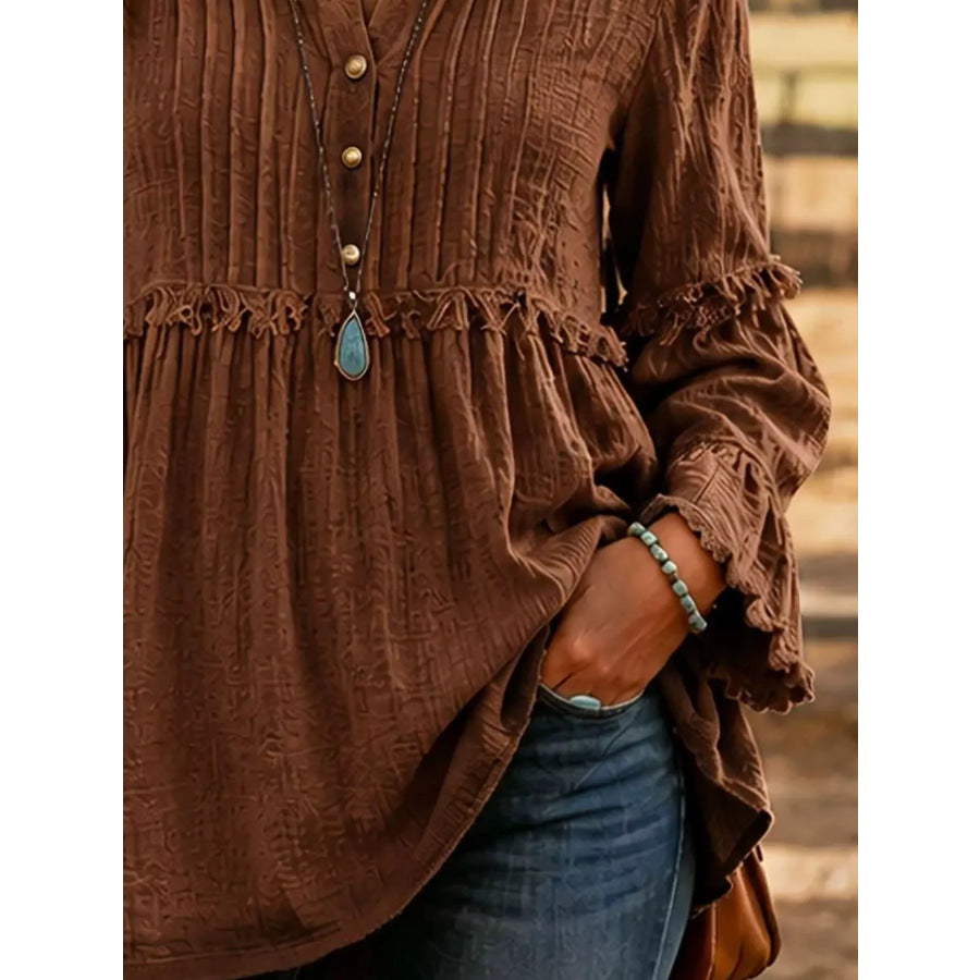 Full Size Frill Notched Long Sleeve Blouse Plus Size Apparel and Accessories