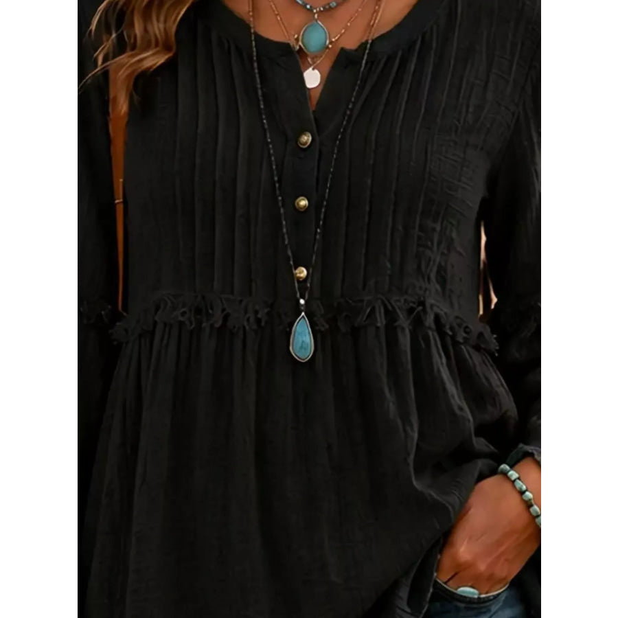 Full Size Frill Notched Long Sleeve Blouse Plus Size Apparel and Accessories