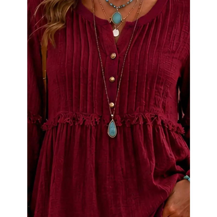 Full Size Frill Notched Long Sleeve Blouse Plus Size Apparel and Accessories