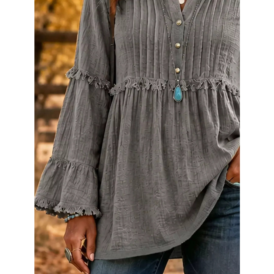 Full Size Frill Notched Long Sleeve Blouse Plus Size Apparel and Accessories