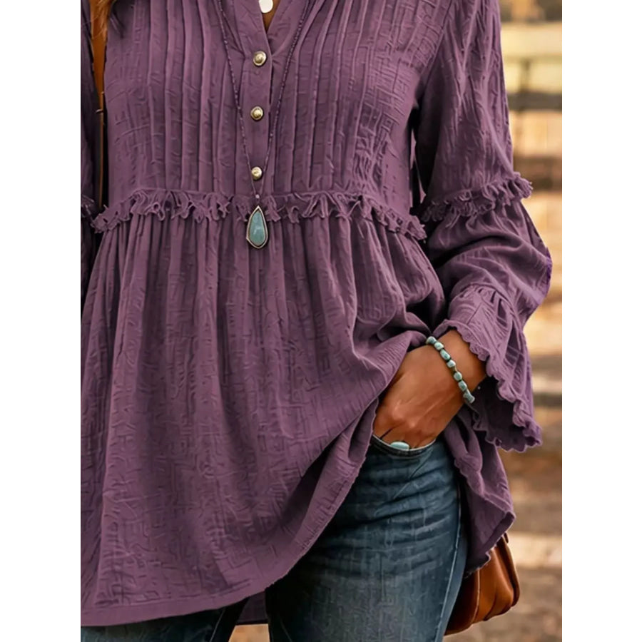 Full Size Frill Notched Long Sleeve Blouse Plus Size Apparel and Accessories