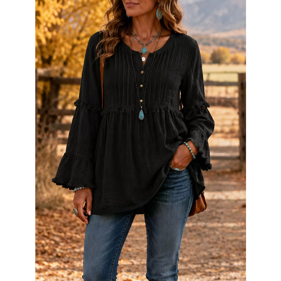 Full Size Frill Notched Long Sleeve Blouse Plus Size Black / S Apparel and Accessories