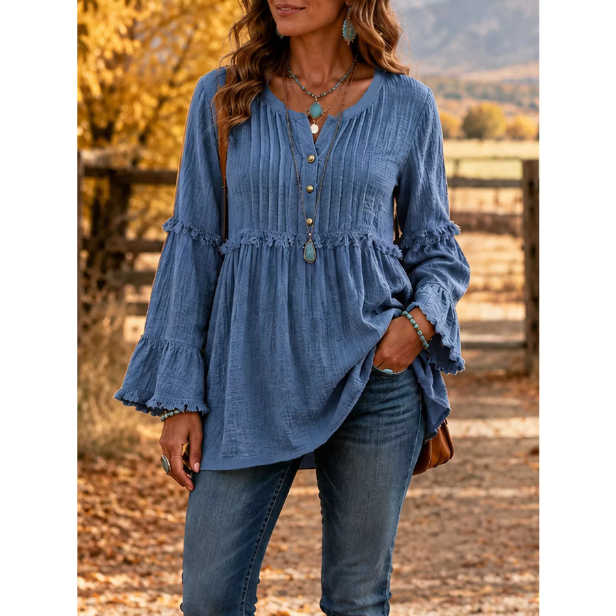 Full Size Frill Notched Long Sleeve Blouse Plus Size Blue / S Apparel and Accessories