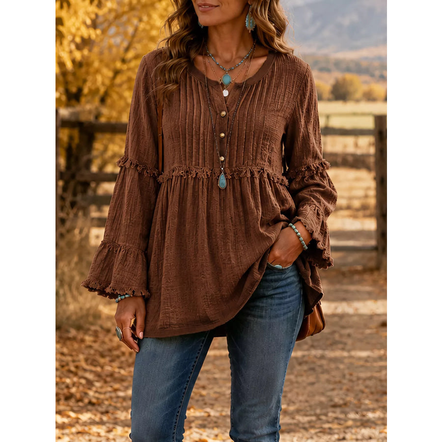 Full Size Frill Notched Long Sleeve Blouse Plus Size Brown / S Apparel and Accessories