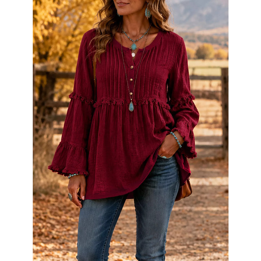 Full Size Frill Notched Long Sleeve Blouse Plus Size Burgundy / S Apparel and Accessories
