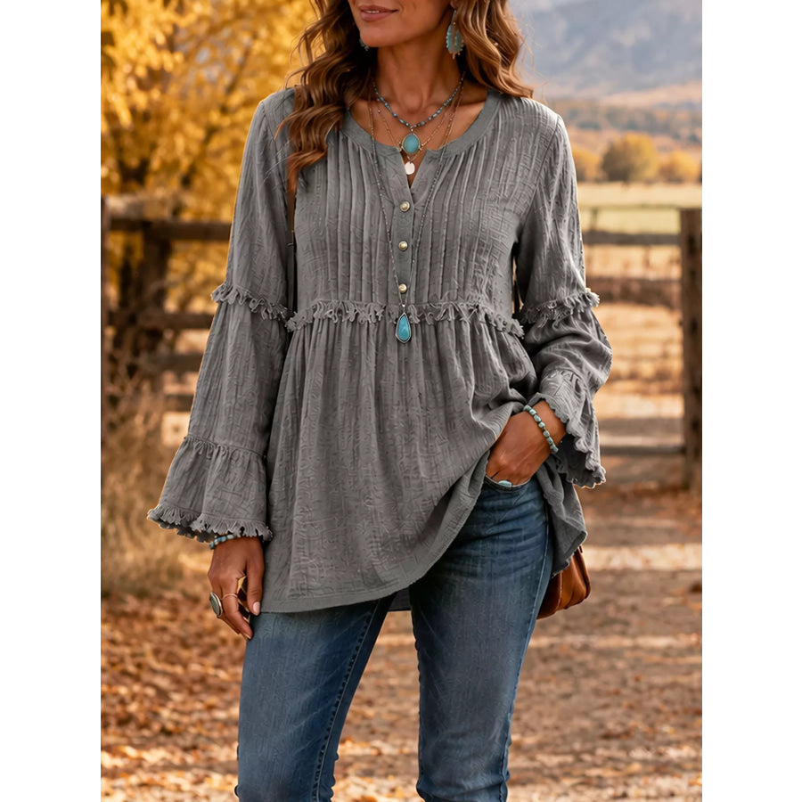 Full Size Frill Notched Long Sleeve Blouse Plus Size Gray / S Apparel and Accessories
