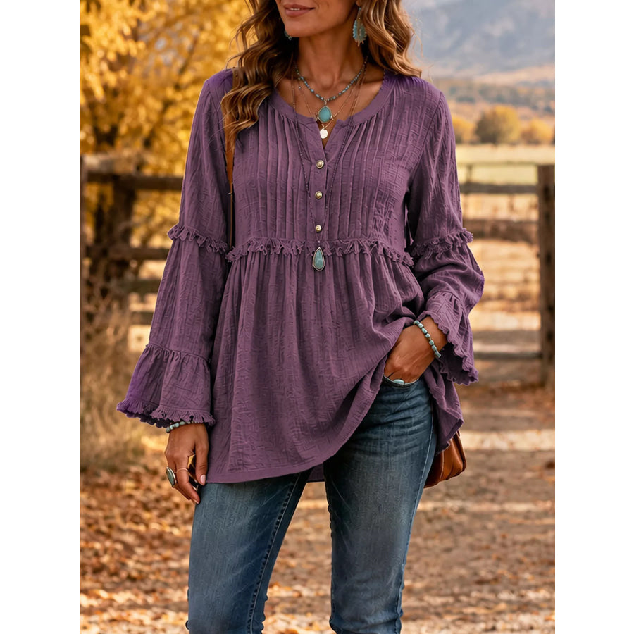 Full Size Frill Notched Long Sleeve Blouse Plus Size Purple / S Apparel and Accessories