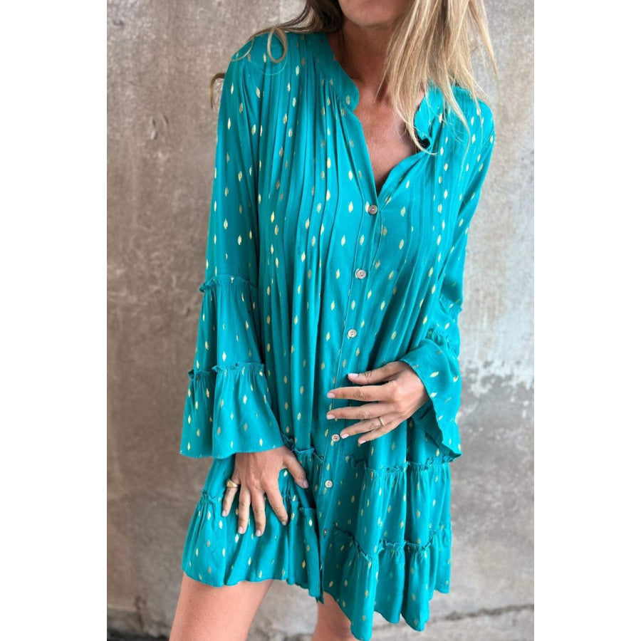 Full Size Frill Printed Notched Flare Sleeve Mini Dress Plus Size Apparel and Accessories