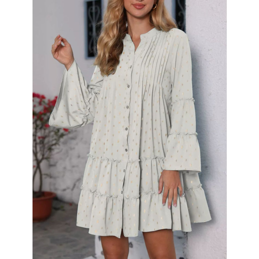 Full Size Frill Printed Notched Flare Sleeve Mini Dress Plus Size Apparel and Accessories