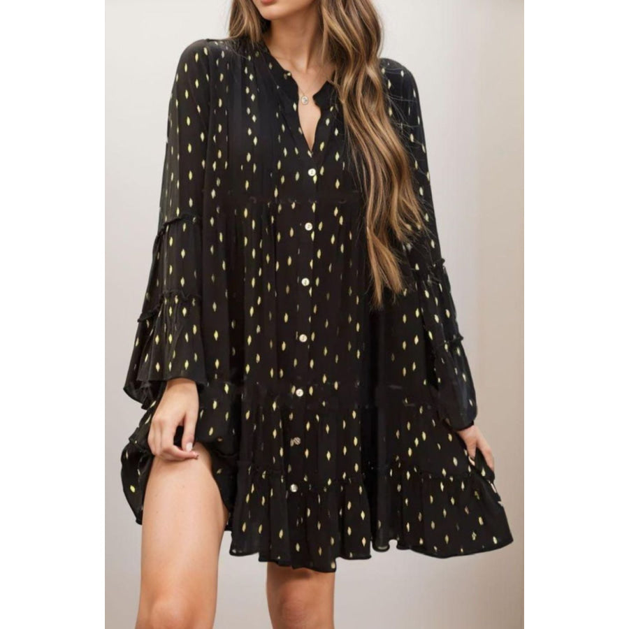 Full Size Frill Printed Notched Flare Sleeve Mini Dress Plus Size Black / S Apparel and Accessories