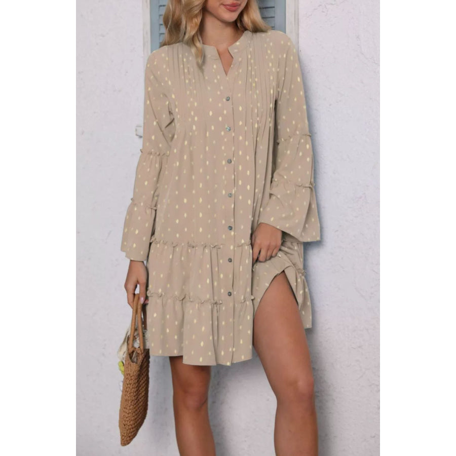 Full Size Frill Printed Notched Flare Sleeve Mini Dress Plus Size Dust Storm / S Apparel and Accessories