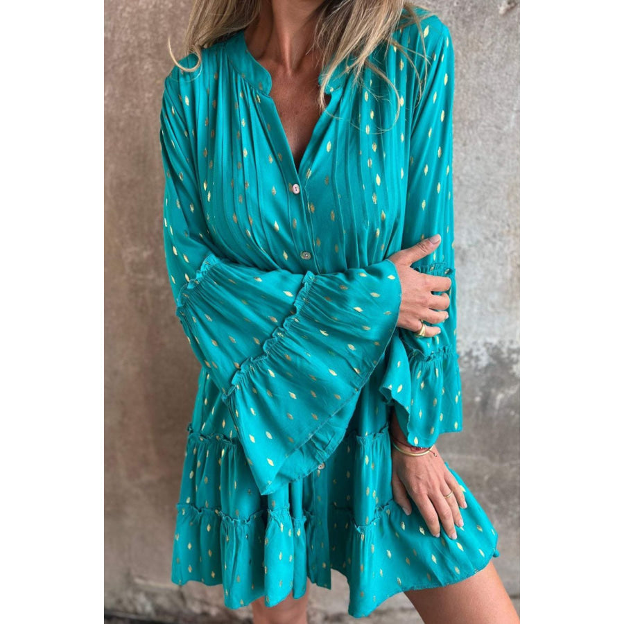 Full Size Frill Printed Notched Flare Sleeve Mini Dress Plus Size Turquoise / S Apparel and Accessories