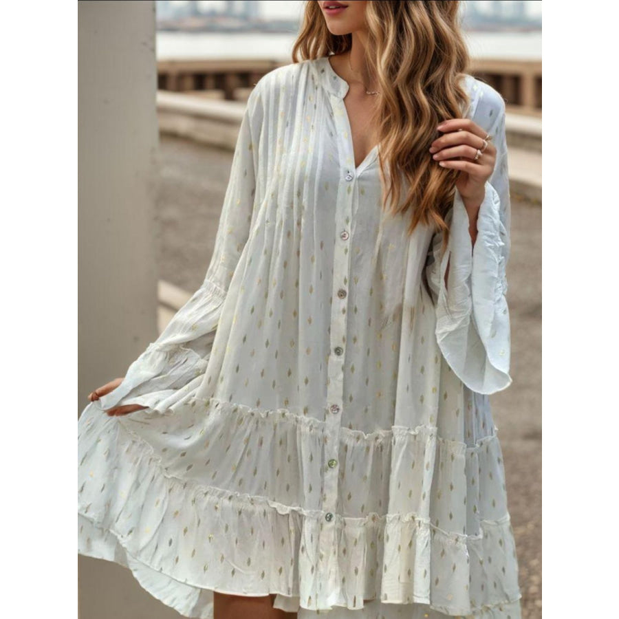 Full Size Frill Printed Notched Flare Sleeve Mini Dress Plus Size White / S Apparel and Accessories