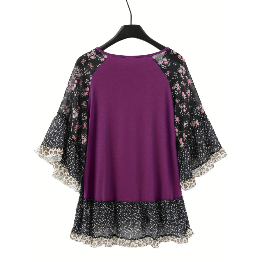 Full Size Frill Printed Round Neck Half Sleeve Blouse Apparel and Accessories