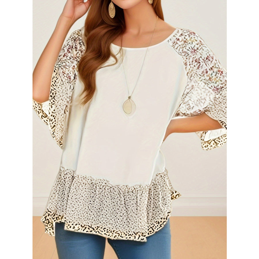 Full Size Frill Printed Round Neck Half Sleeve Blouse Apparel and Accessories