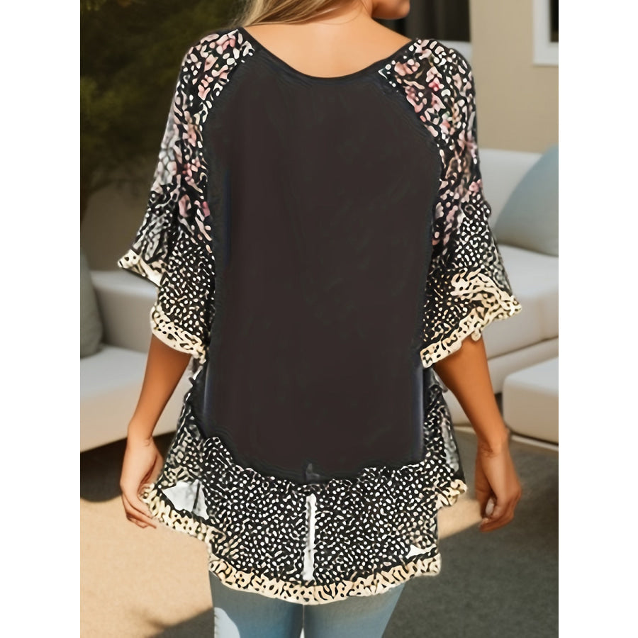 Full Size Frill Printed Round Neck Half Sleeve Blouse Apparel and Accessories