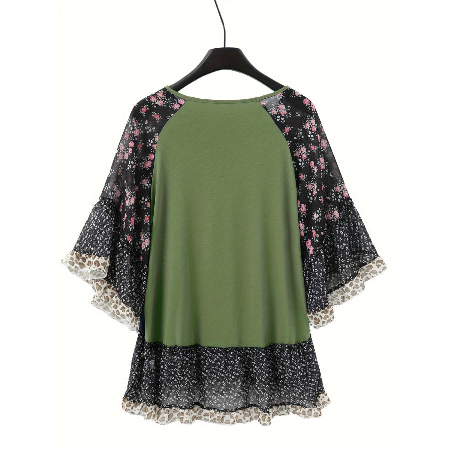 Full Size Frill Printed Round Neck Half Sleeve Blouse Apparel and Accessories